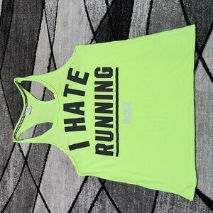 VS PINK 2015 NEON GREEN "I HATE RUNNING" CAMPUS FIT RACERBACK TANK-TOP MEDIUM